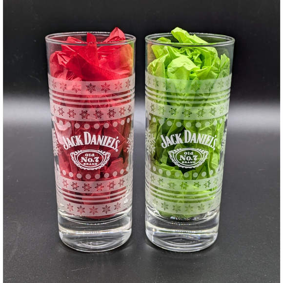 Jack Daniels Highball Glasses Set of 2 Snowflake Sweater Etched 10oz 6" Holiday - Picture 1 of 5